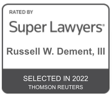 Rectangular Badge signifying Russell Dement's selection to North Carolina Super Lawyers for 2022